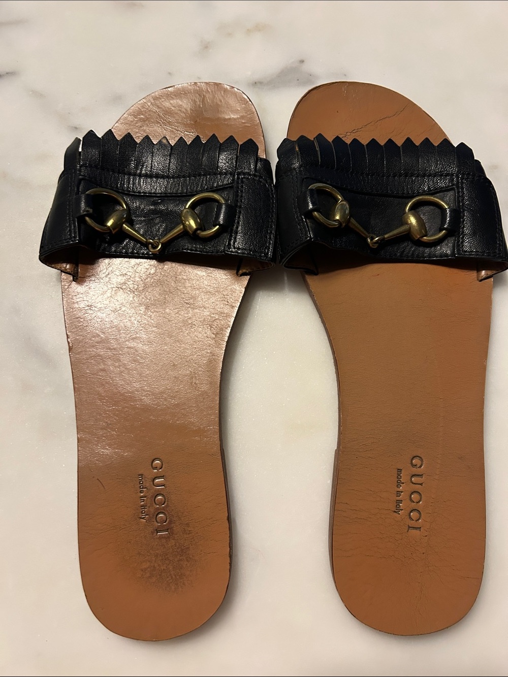 Gucci Black Leather Horsebit Fringe Slide Mules with Tan Footbed